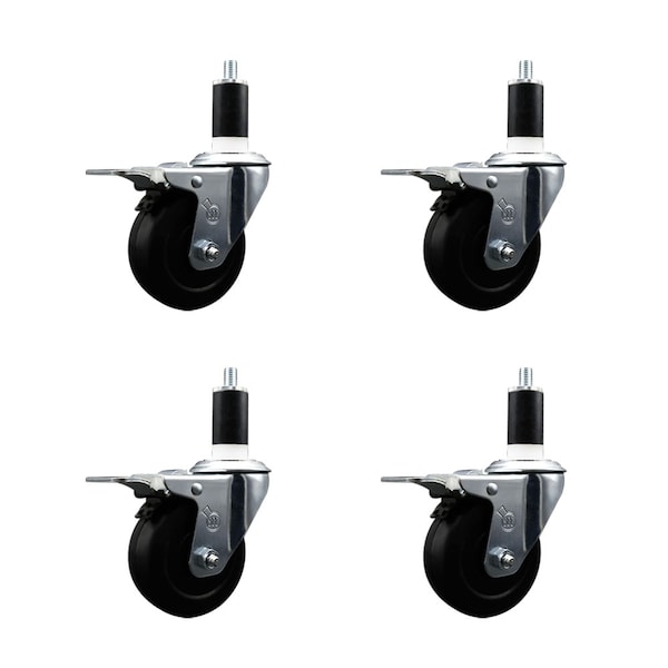 3.5'' Hard Rubber Swivel 1-3/8'' Expanding Stem Caster Set Total Lock Brake, 4PK